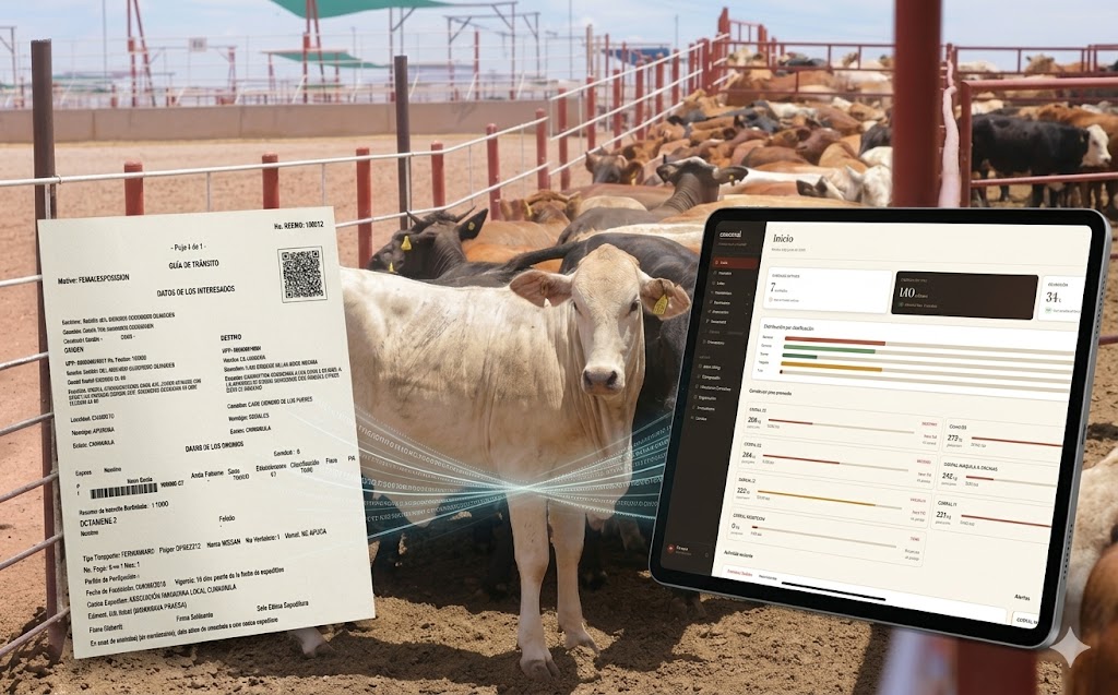 Guía de tránsito y panel de encorral en tablet, con ganado en corral de engorda al fondo
